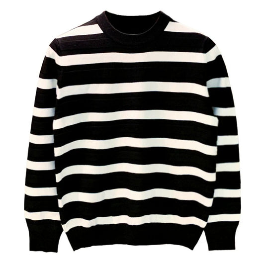 Luxurious Comfort: Black - White Striped Long - Sleeve Knit Top