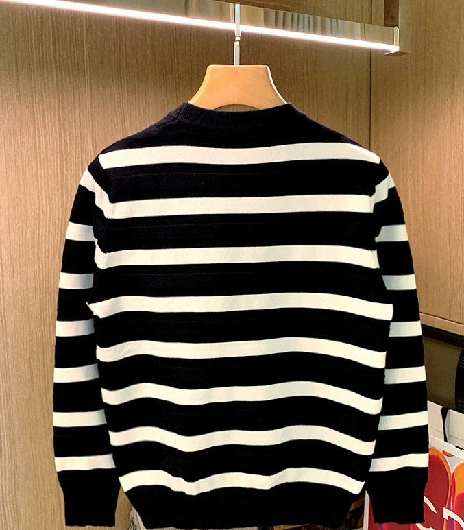 Luxurious Comfort: Black - White Striped Long - Sleeve Knit Top