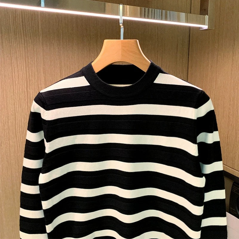 Luxurious Comfort: Black - White Striped Long - Sleeve Knit Top